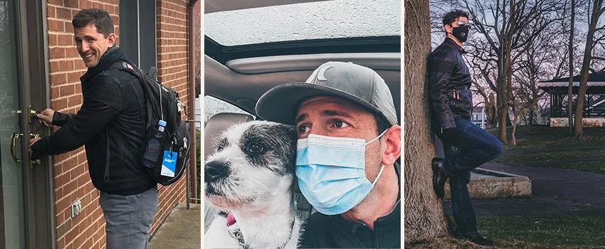 Brendan O'Hara — walking into his home, wearing a mask with his dog, wearing a mask in a park — founder of Middle Men and host of the Middle Men Podcast