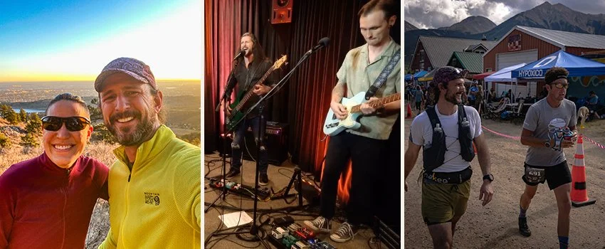 Brendan O'Hara — with friend in the mountains, playing bass guitar and singing in band with guitarist, pacing elite runner at the Leadville 100 ultramarathon — founder of Middle Men and host of the Middle Men Podcast