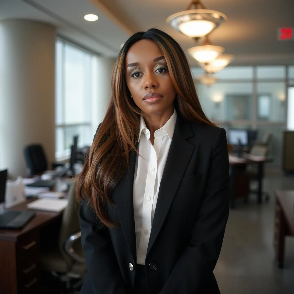 Businesswoman with long brown hair wearing a black blazer and white shirt, standing in an office with desks and computers in background.