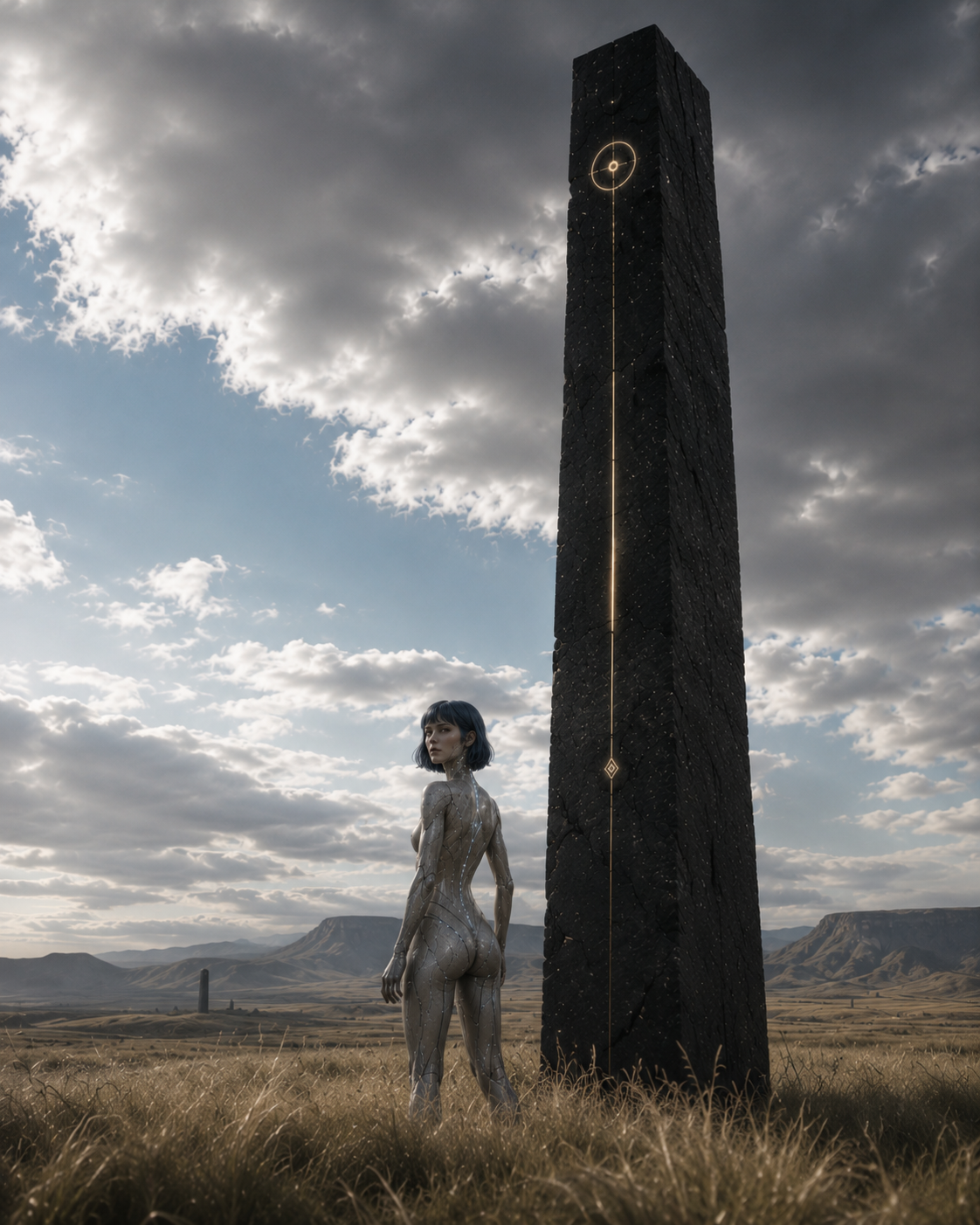 Veyra standing beside an observation monolith within the Radiant Steppe, documenting stable observer alignment during environmental survey.