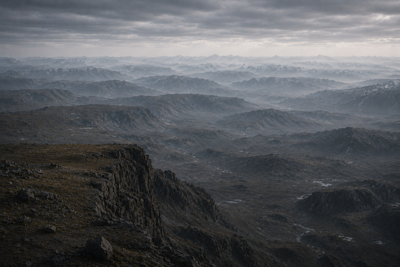 A rocky escarpment overlooking distant mountain systems, depicting Horizon Delta as the transitional boundary where reliable spatial interpretation begins to deteriorate.