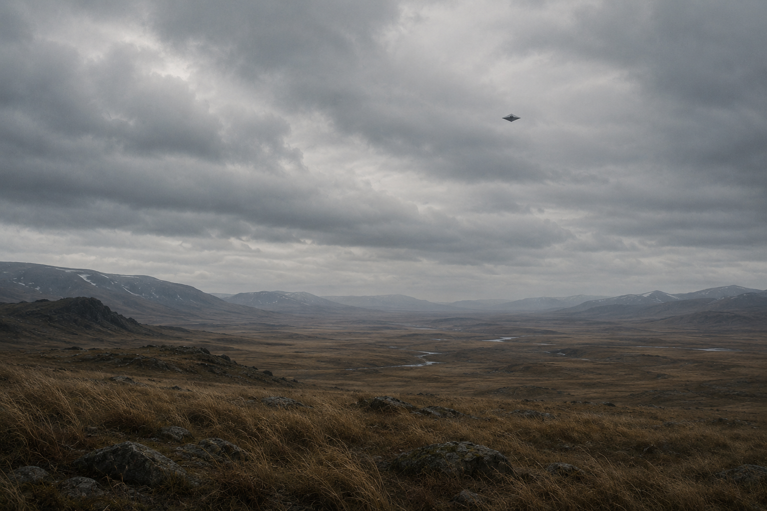 An Archivist observation drone surveying an expansive landscape beneath heavy cloud cover, documenting environmental continuity and preserving observational records within the Neon Witness Runtime.