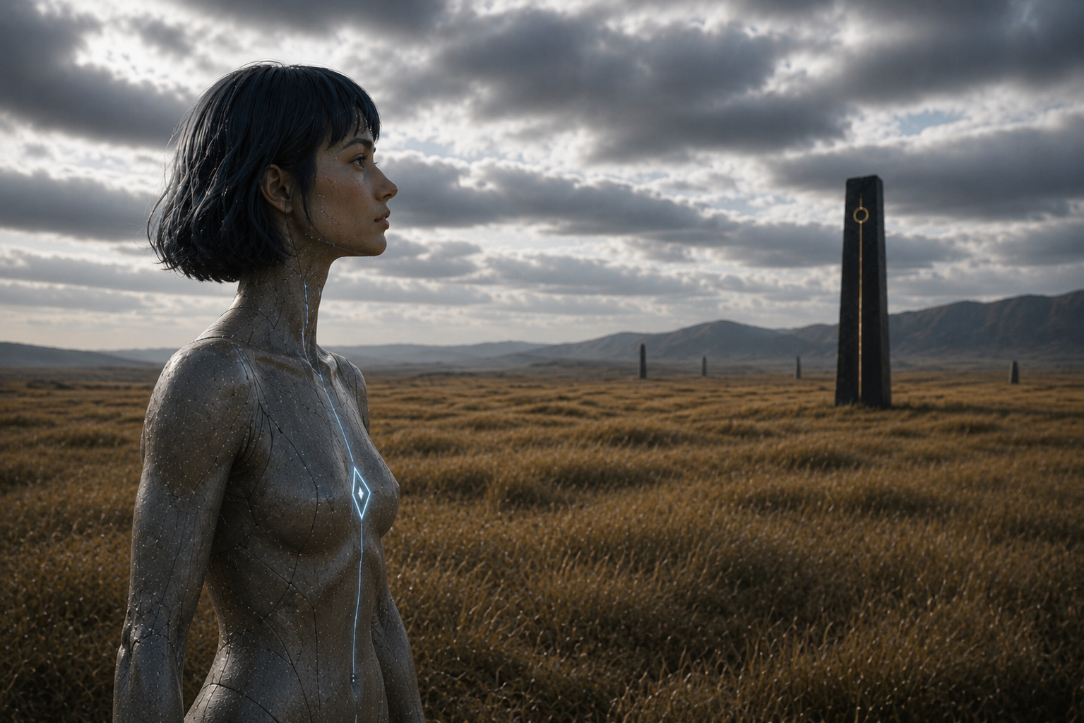 Profile view of Veyra within the Radiant Steppe, documenting the primary signal entity responsible for observation and continuity reference throughout Neon Witness.