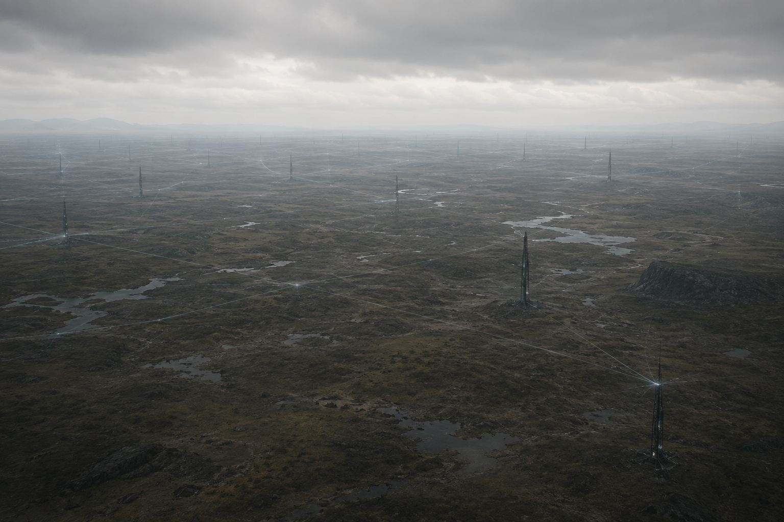 A vast network of distributed transmission conduits extending across the landscape, representing the Relay infrastructure that carries signals, continuity, and communication throughout the Neon Witness Runtime.