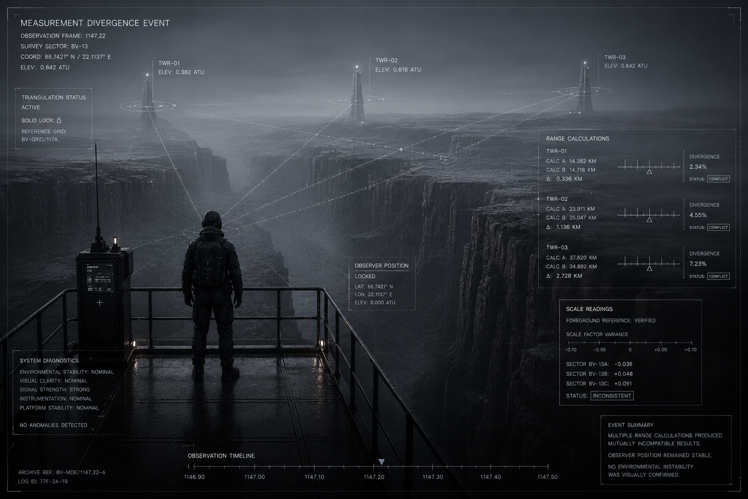Archive observation record showing an observer conducting final verification surveys at Boundary Verge as positional calculations diverge beyond established archive limits.