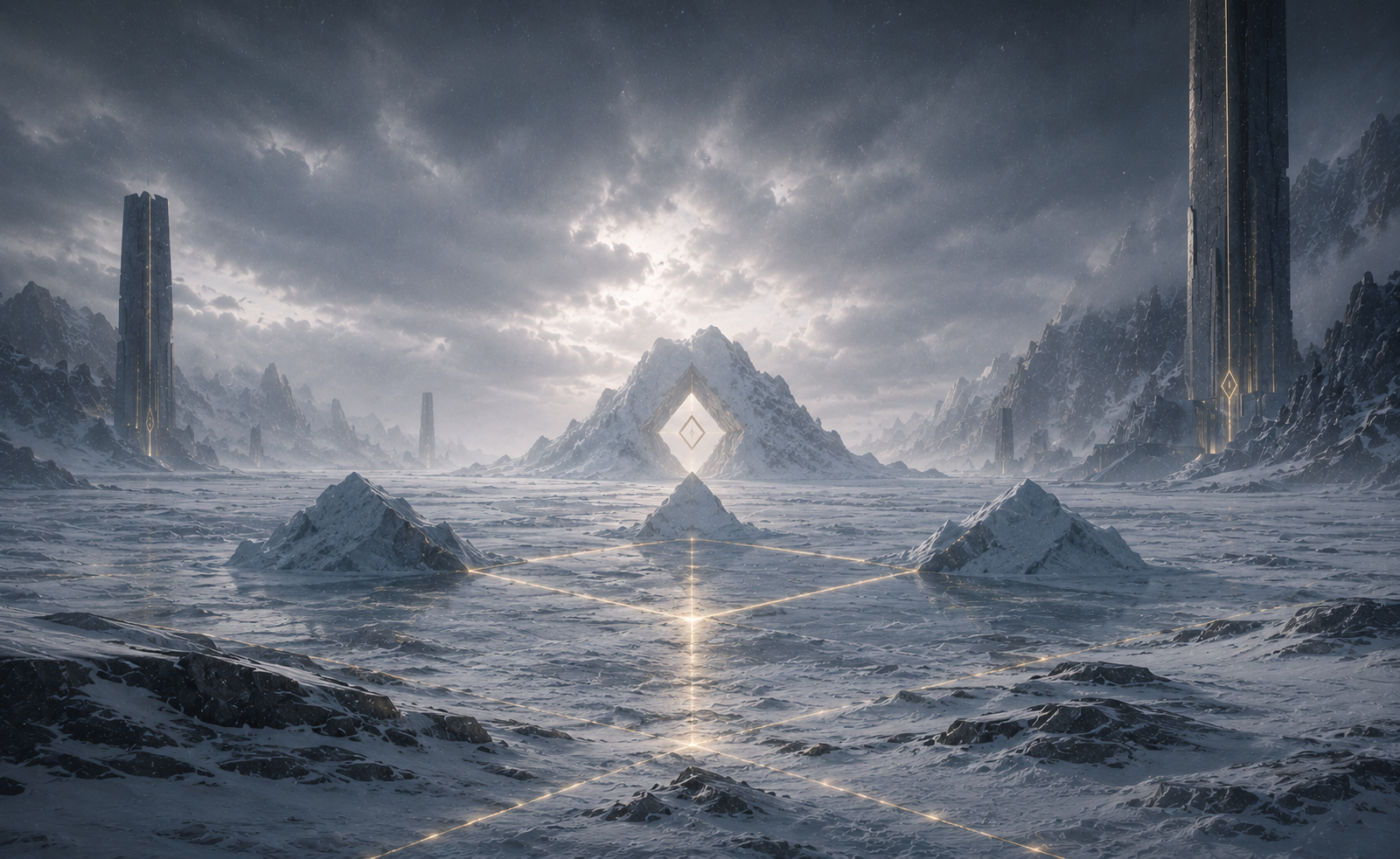 A geometric alignment structure emerging above interconnected ice formations, illustrating Aurexia's influence on structural coherence and environmental synchronisation throughout the Witness Runtime.
