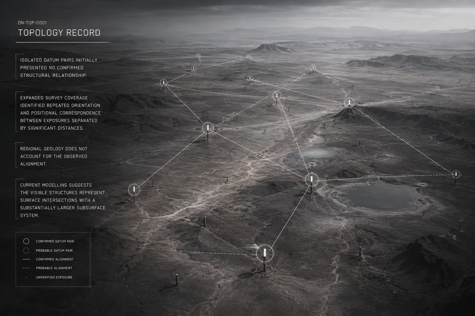 Datum Network topology survey showing confirmed and probable Datum Pair locations, orientation alignments and unverified exposures across a remote mineral landscape.