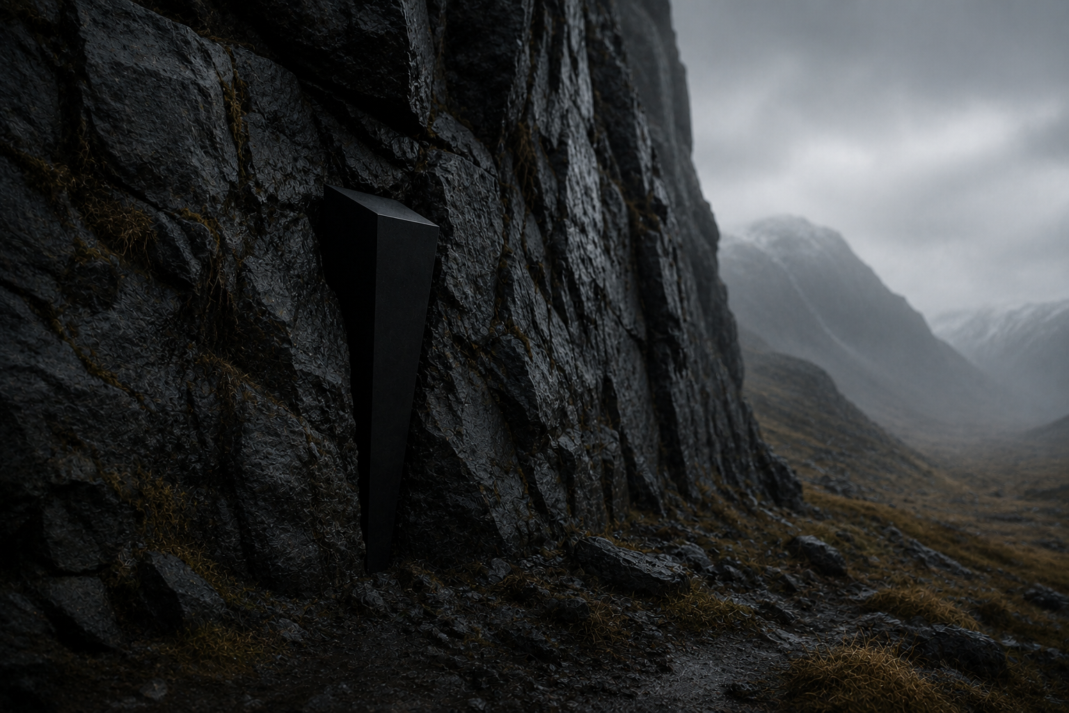 A black wedge correction marker embedded into a rocky cliff face, illustrating the permanent structural evidence left behind after a reality correction within the Witness Runtime.