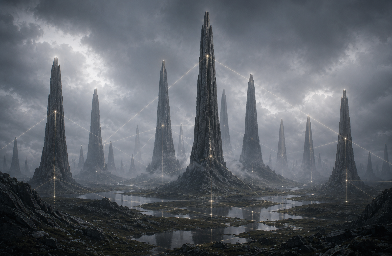 Multiple interconnected lattice towers linked across a mist-covered landscape, depicting the distributed preservation network reinforcing structural coherence across neighbouring simulation regions.