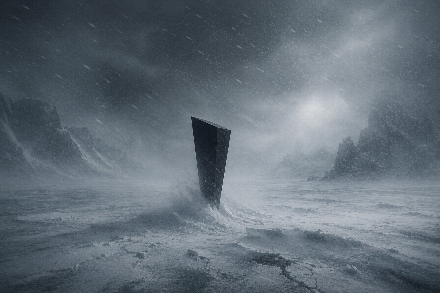 A solitary black correction marker standing within a windswept frozen landscape, representing a permanent record of a completed Red King correction event.