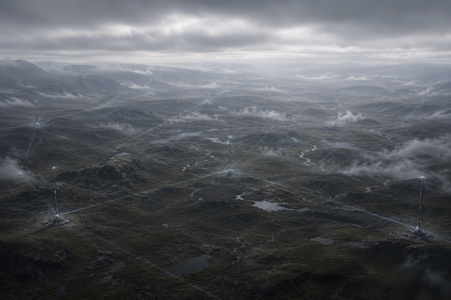 An aerial view of interconnected Relay transmission pathways spanning distant terrain, illustrating the distributed conduit network linking environments across the Witness Runtime.