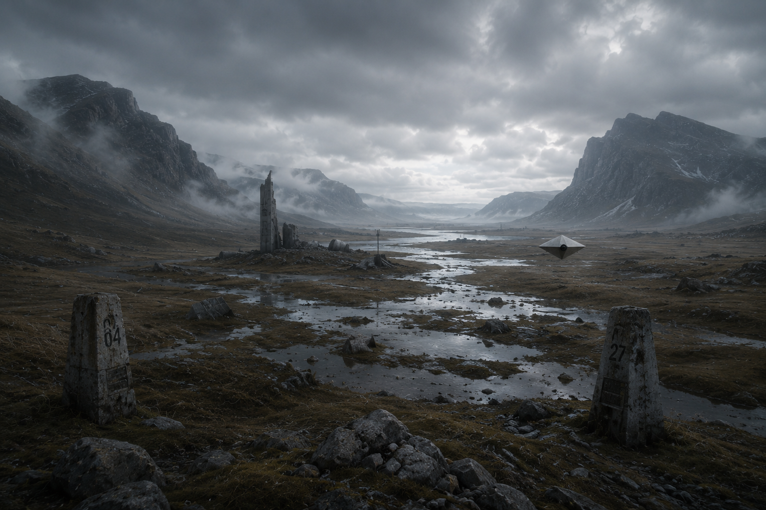 An Archivist drone observing a remote survey region containing observation monoliths and unstable terrain, preserving event continuity after active environmental change.