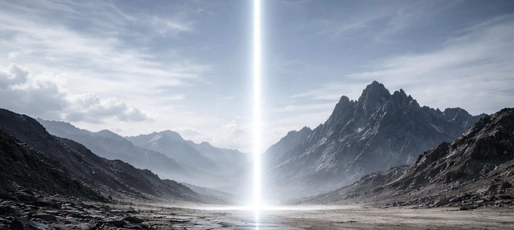 A vertical column of light rising from a barren mountain valley, representing the Architect's structural origin within the Neon Witness Runtime and the formation of stable observation space.