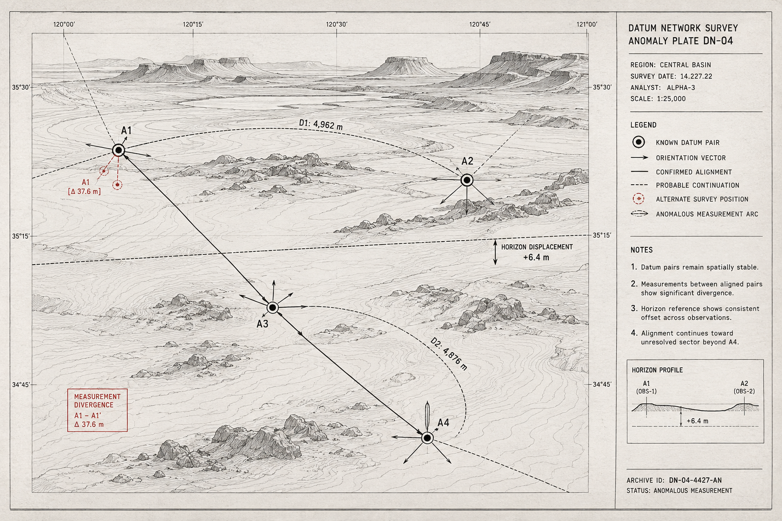 Datum Network anomaly survey plate showing known Datum Pair locations, conflicting distance measurements, orientation vectors and horizon displacement across a mineral basin.