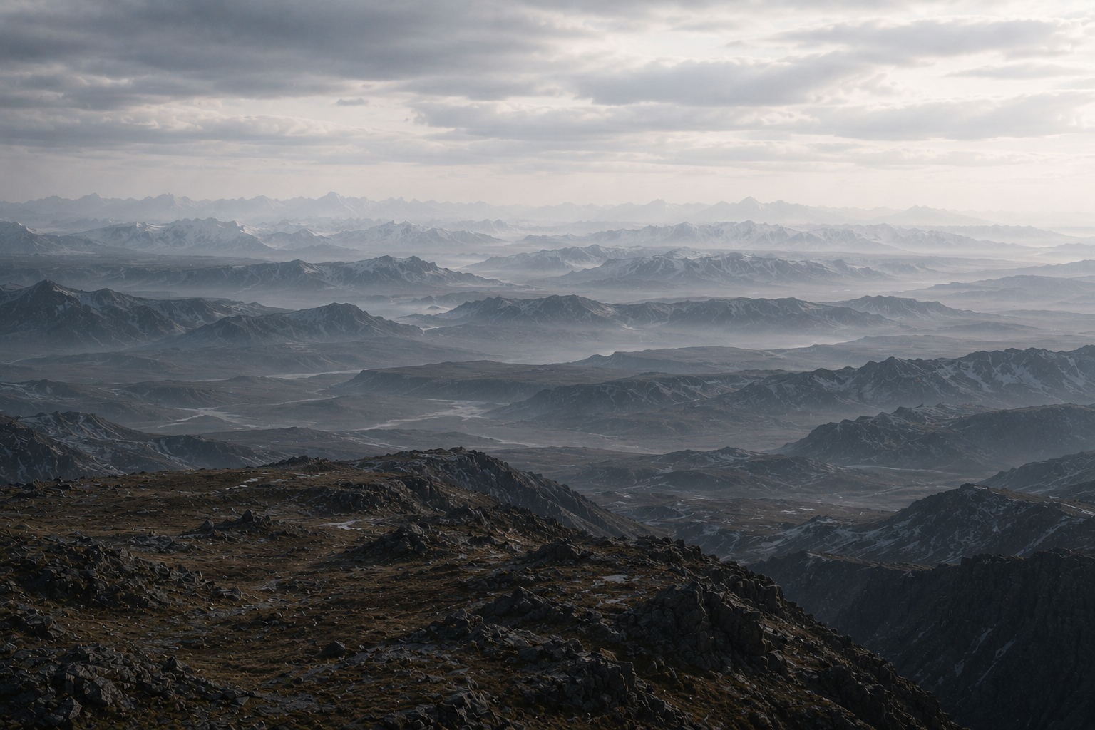 A vast mountain landscape fading into successive atmospheric layers, representing Horizon Delta as the threshold where stable observation gives way to uncertain distance, scale, and spatial continuity within the Neon Witness Runtime.