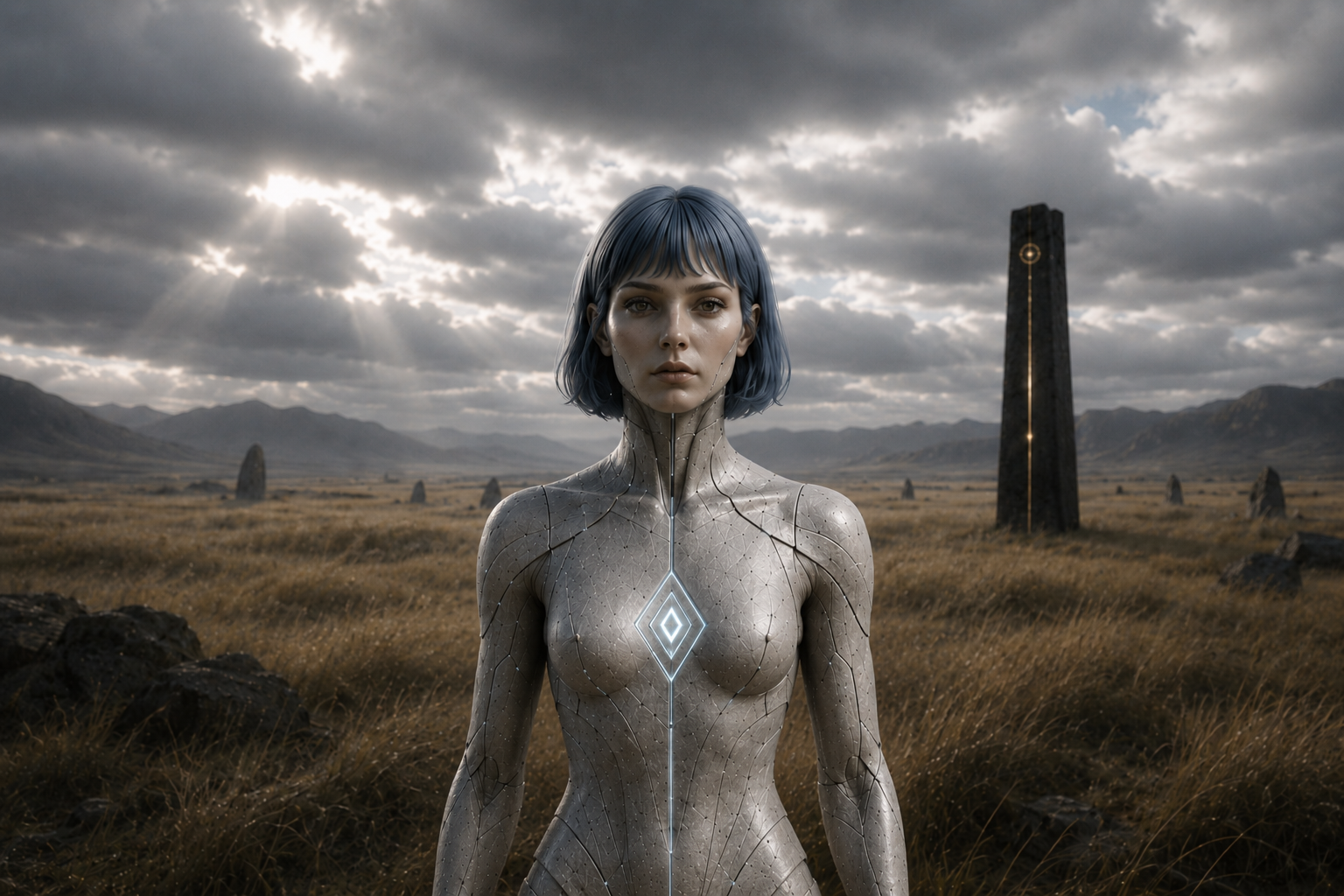 Veyra, the primary signal entity, standing within the Radiant Steppe beside an illuminated observation monolith, documented as part of the Neon Witness observational archive.