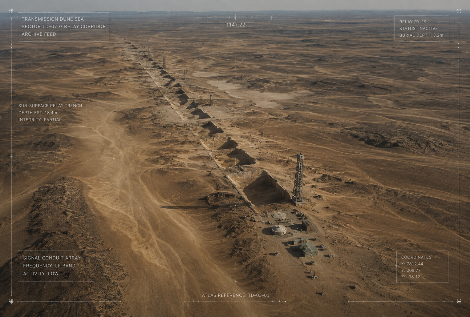 Transmission towers extending across shifting dune formations, documenting long-range relay corridors and environmental signal propagation throughout the Transmission Dune Sea.