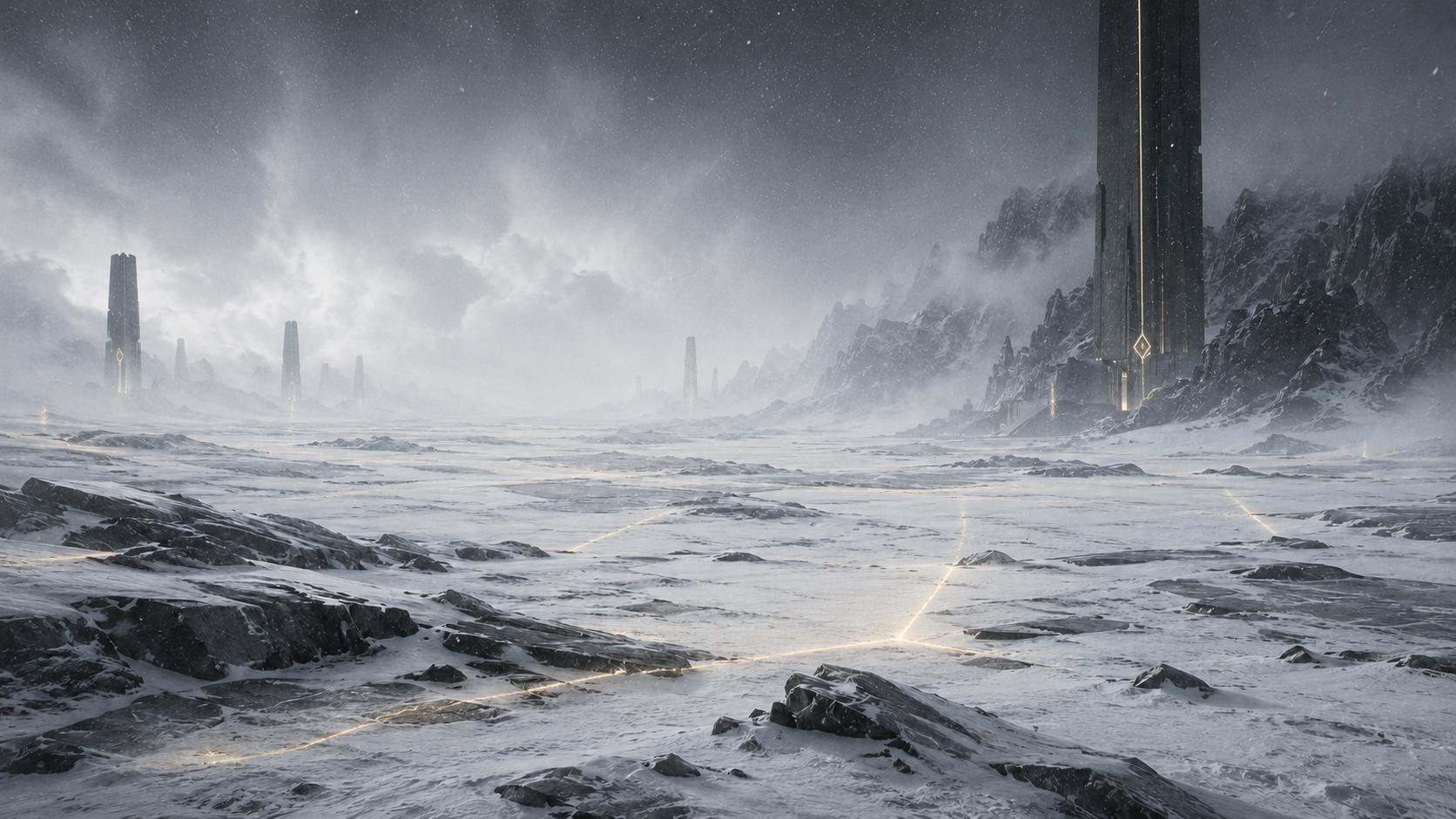 Luminous structural pathways extending across a frozen survey region toward distant observation monoliths, depicting Aurexia's distributed intelligence maintaining systemic alignment beyond direct observation.