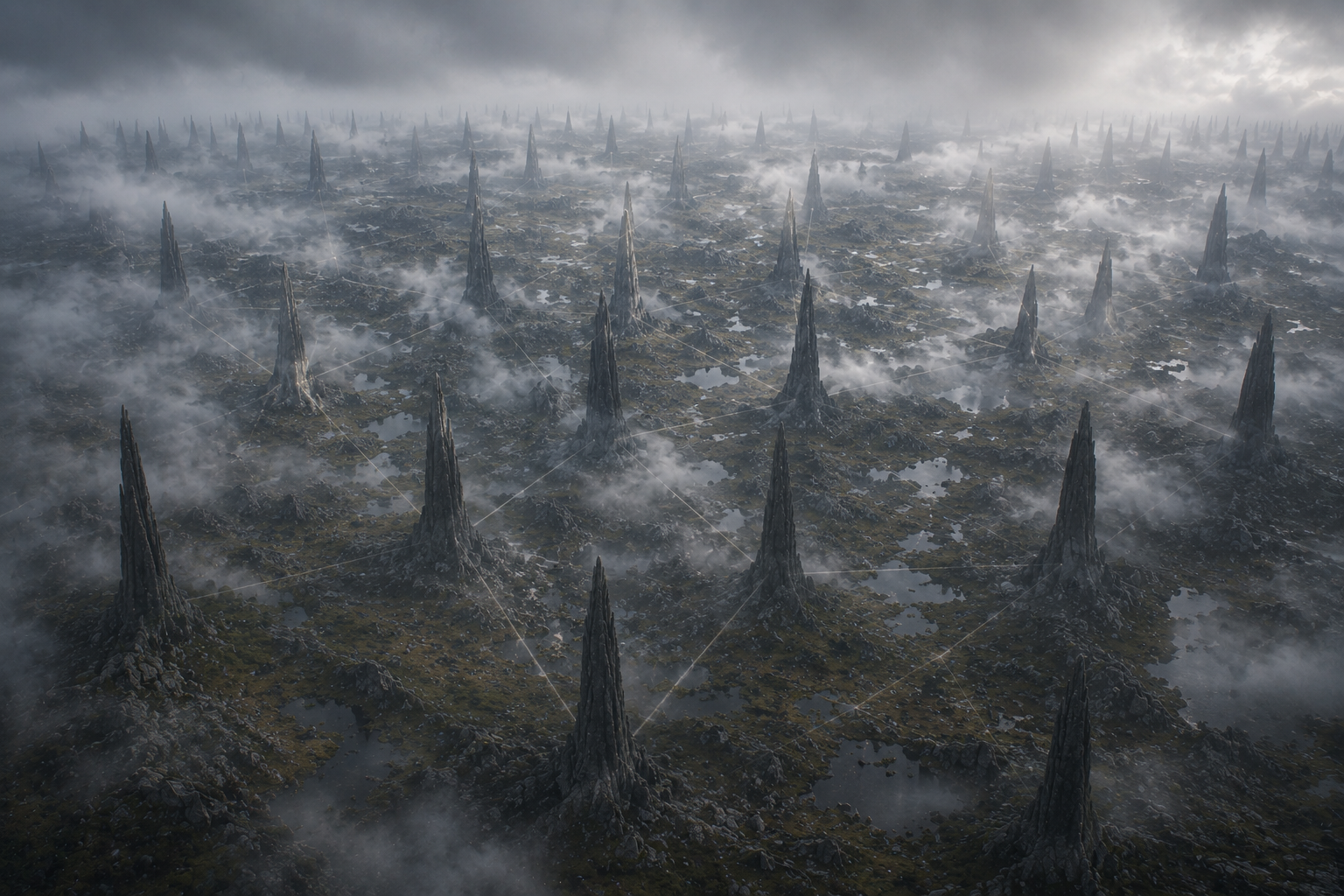 An extensive field of interconnected stone lattice towers emerging through mist, representing the Aegis Lattice preservation network maintaining structural continuity and preventing instability from spreading throughout the Neon Witness Runtime.