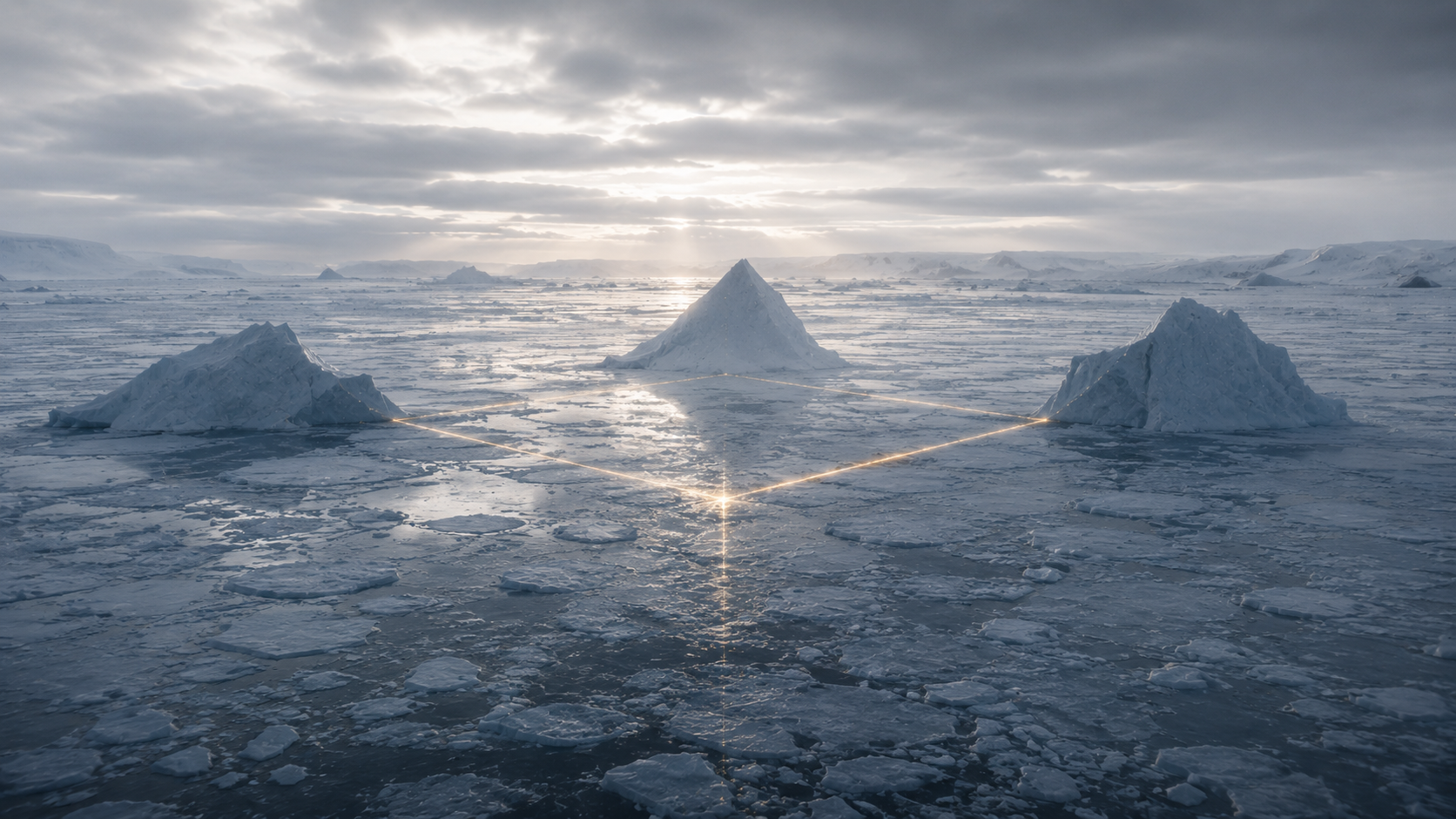 Three ice formations connected by luminous geometric pathways across a frozen landscape, representing Aurexia as the structural intelligence responsible for alignment, coherence, and environmental organisation within the Neon Witness Runtime.