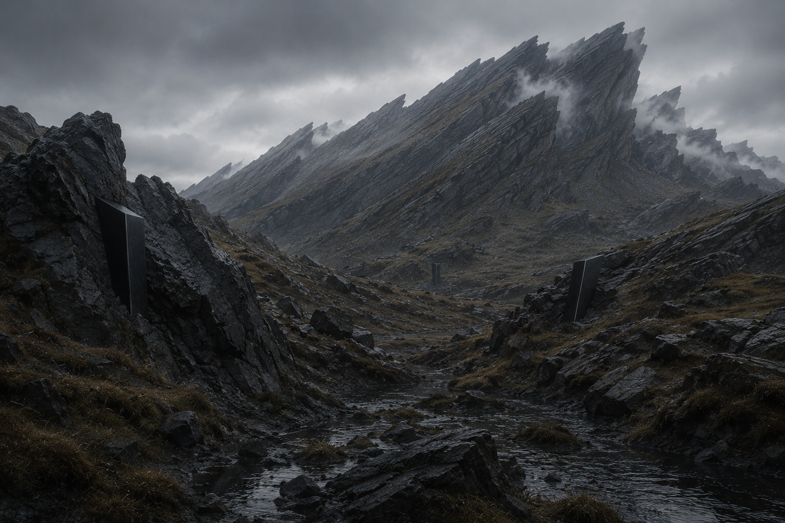 Black wedge-shaped correction markers embedded within a fractured mountain valley, documenting completed reality corrections maintained by the Red King across the Neon Witness Runtime.