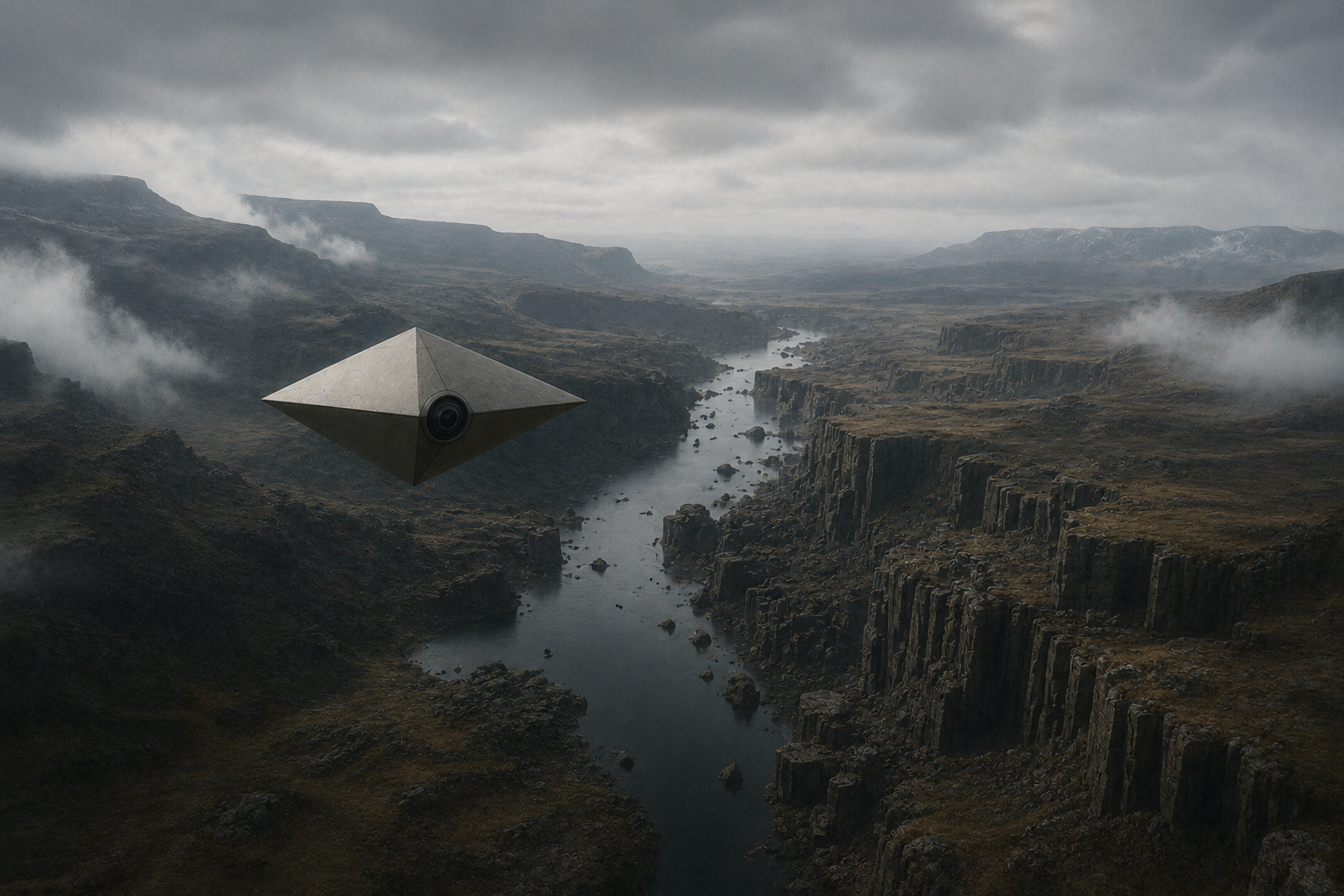 An Archivist drone hovering above a river canyon, recording geological formations and maintaining environmental records without direct intervention.