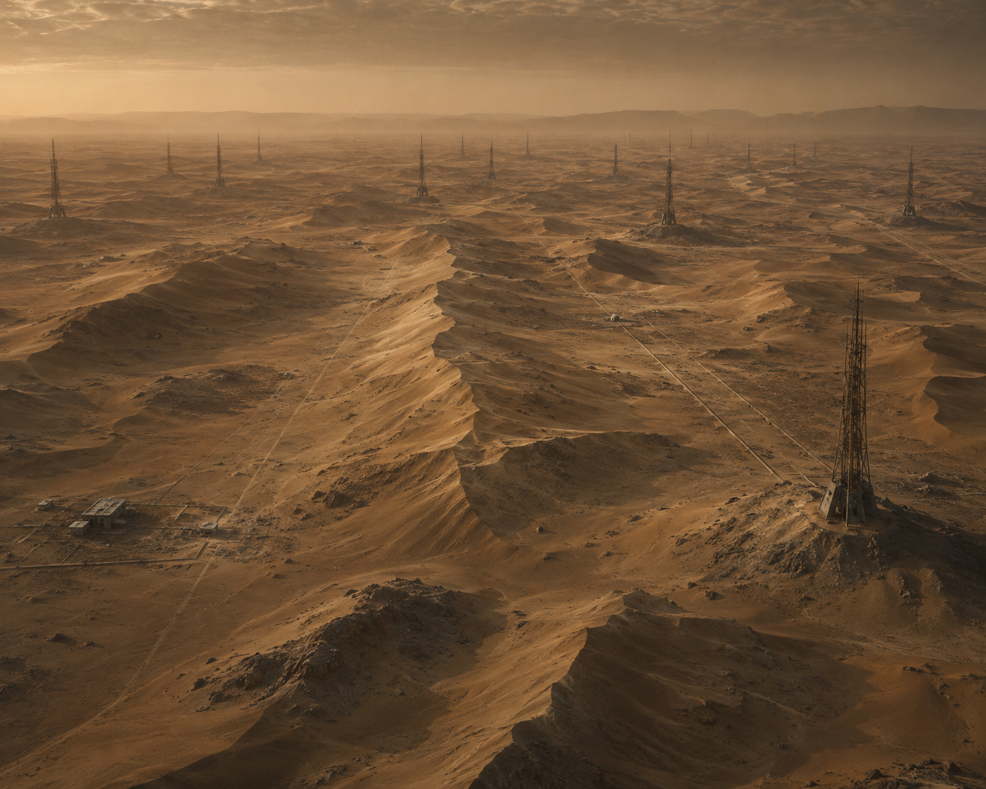 Observation record documenting transmission structures partially buried by migrating dunes while communication pathways remained uninterrupted.