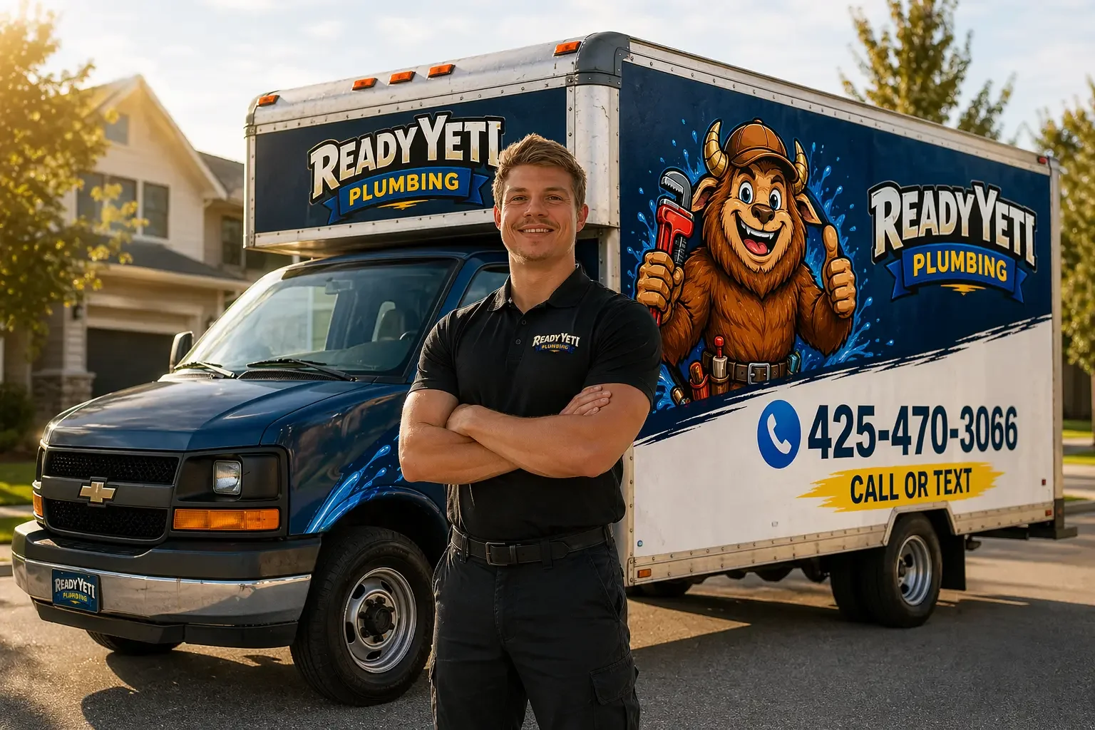 ready yeti plumbing owner Brett Potter standing in front of his service van in Snohomish WA
