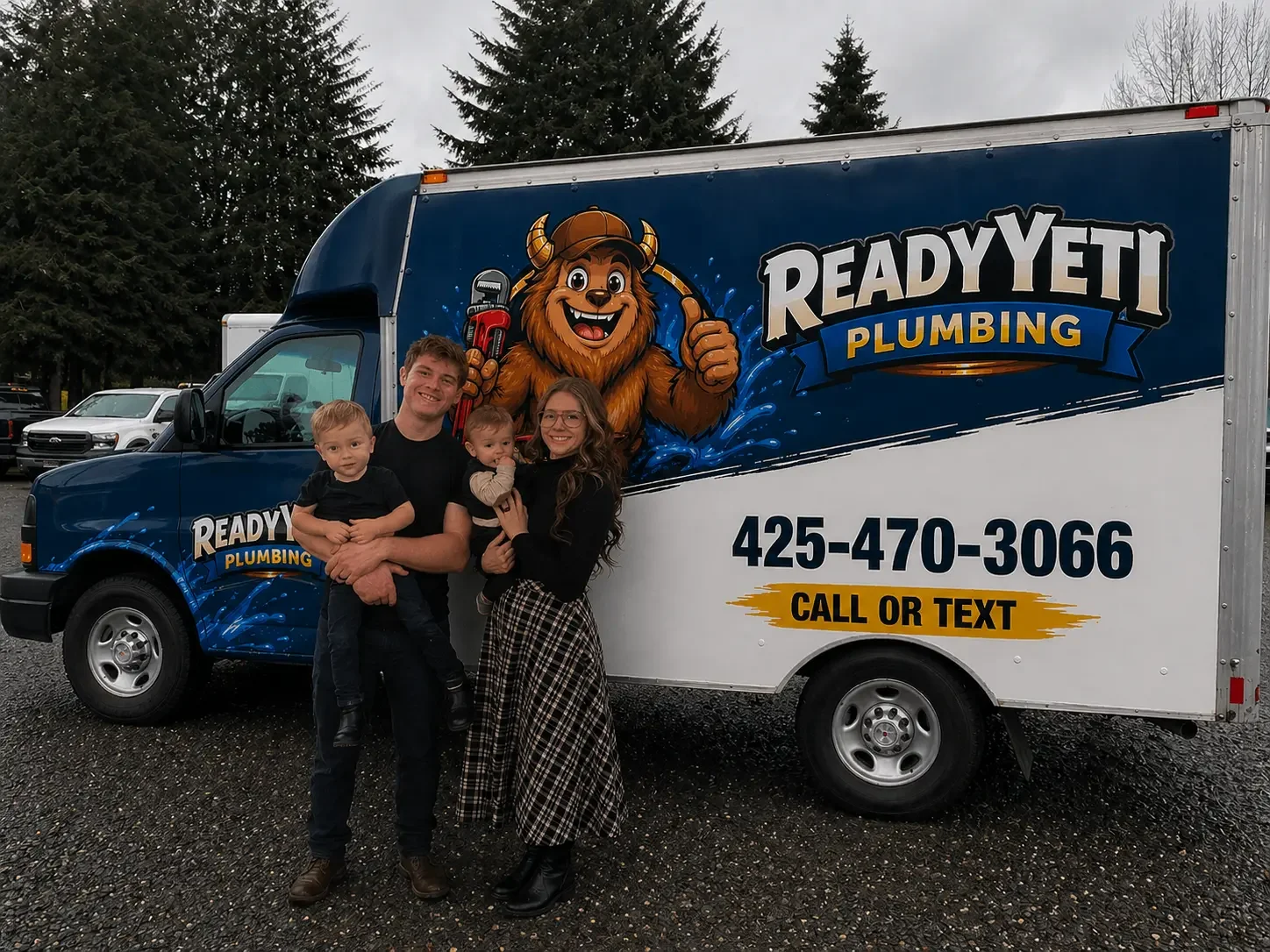 Ready Yeti Plumbing owner Brett Potter and his family in Everett WA standing next to the plumbing van