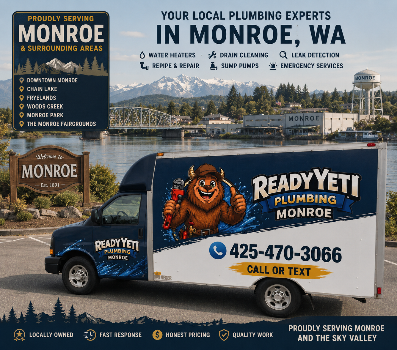 A Ready Yeti Plumbing van parked in front of Monroe, Washington, with water towers and snow-capped mountains in the background. The van features a cartoon yeti holding a wrench and includes contact information, services offered, and a logo.