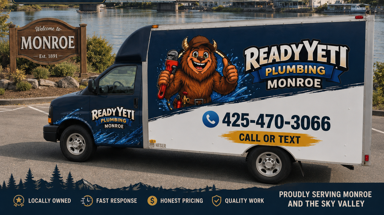 A truck for Ready Yeti Plumbing Monroe parked in a lot near a river, with a Monroe sign in the background, displaying a friendly yeti cartoon holding a wrench, along with contact information and service details.