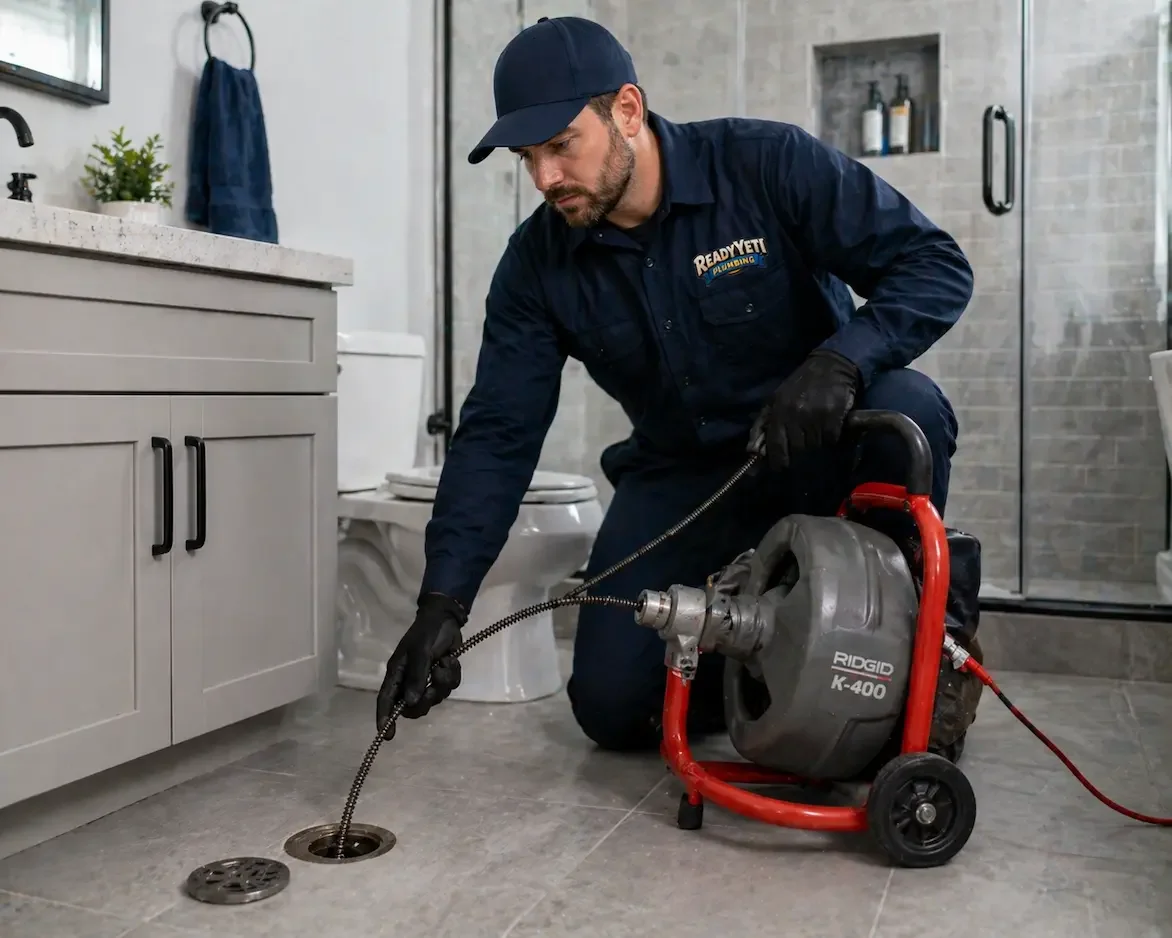 drain cleaning technician from ready yeti plumbing clearing a plumbing blockage with a drain snake auger in snohomish
