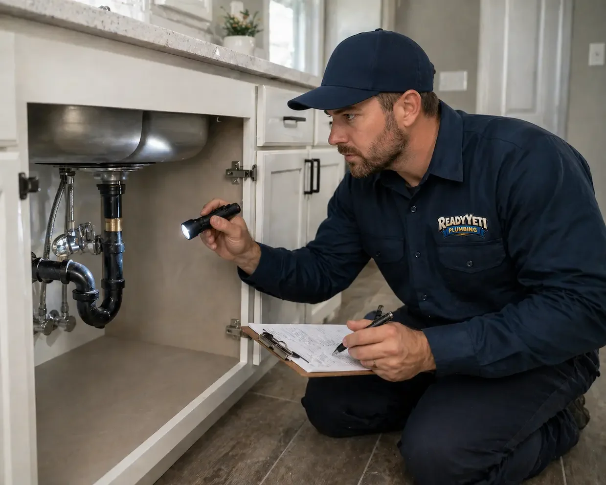 plumber from Ready Yeti Plumbing doing a whole home plumbing inspection for a new homebuyer
