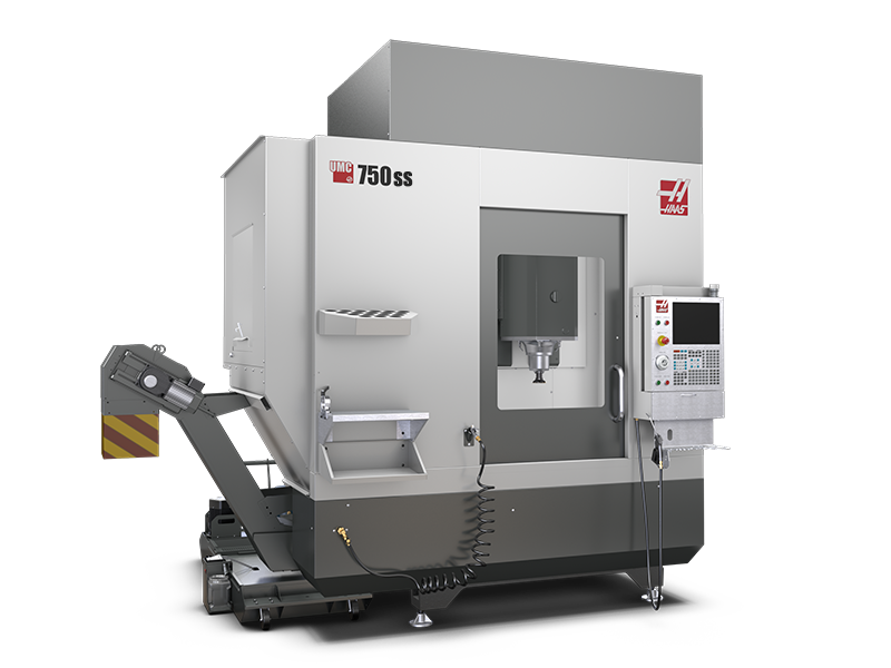A large industrial CNC machine labeled 'UMC 750 SS' from Haas, with a control panel on the right side, a work area in the center, and a conveyor or chip removal system on the left side.