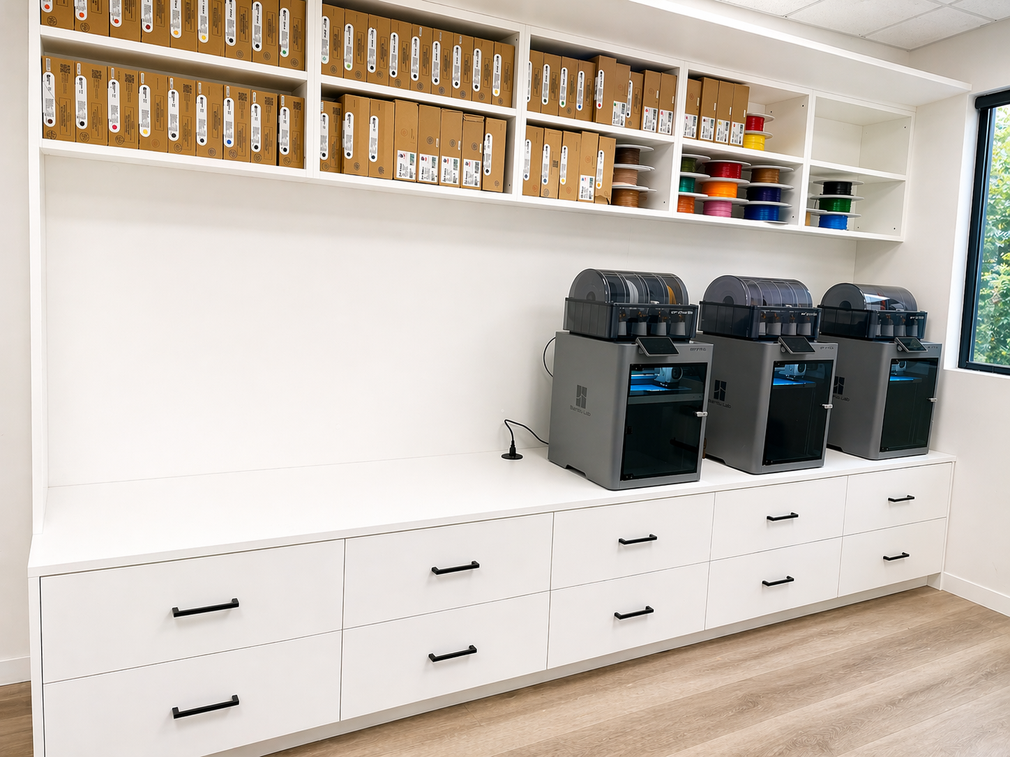 A clean white storage cabinet with drawers, three 3D printers, and shelves filled with color filaments and boxes.