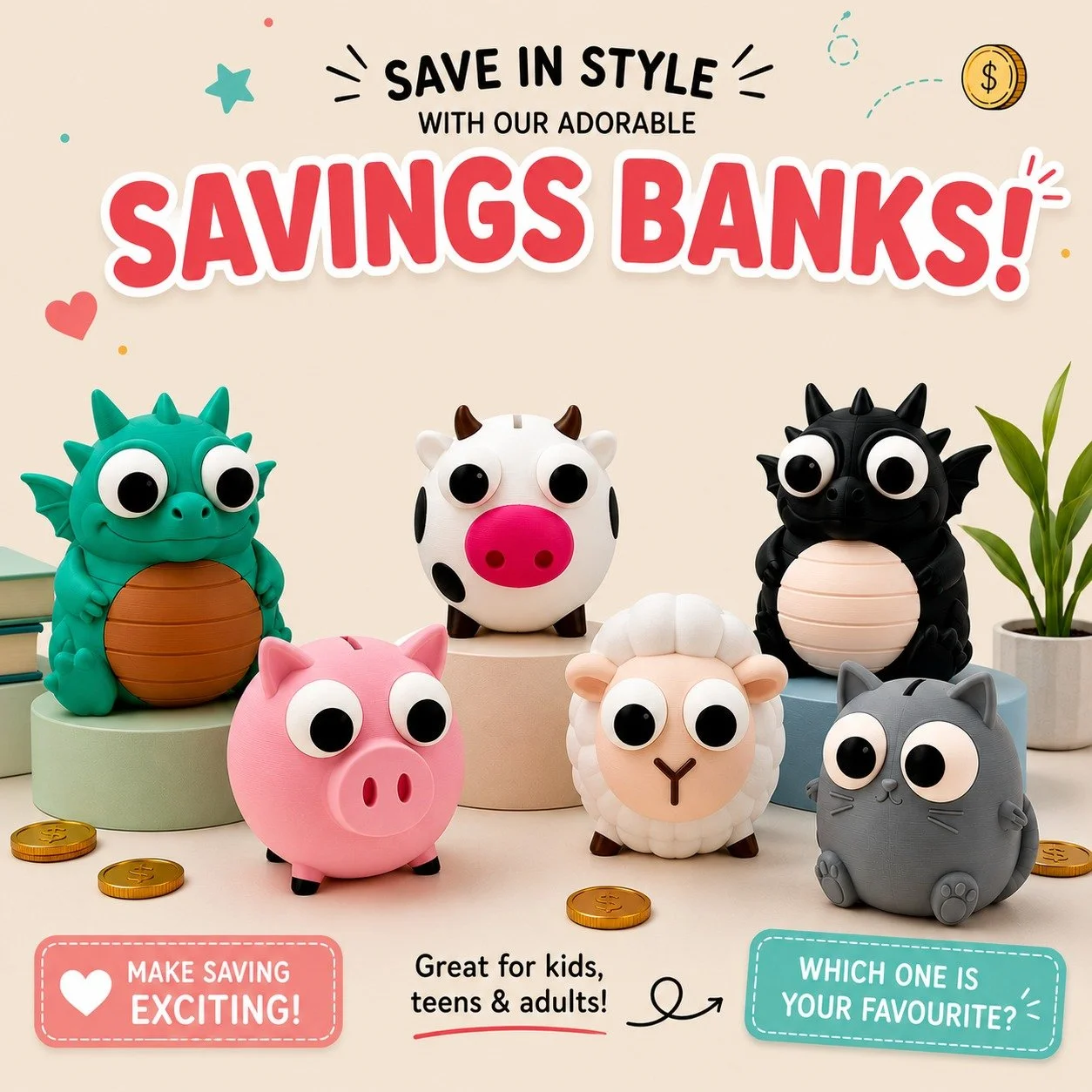 🐷🐮🐉🐑🐱 Save in style with our adorable 3D printed savings banks! ✨

From playful pigs and cuddly sheep to dragons, cows, and cats &mdash; these fun little banks make saving money exciting for kids and adults alike 💰

Which one is your favourite?