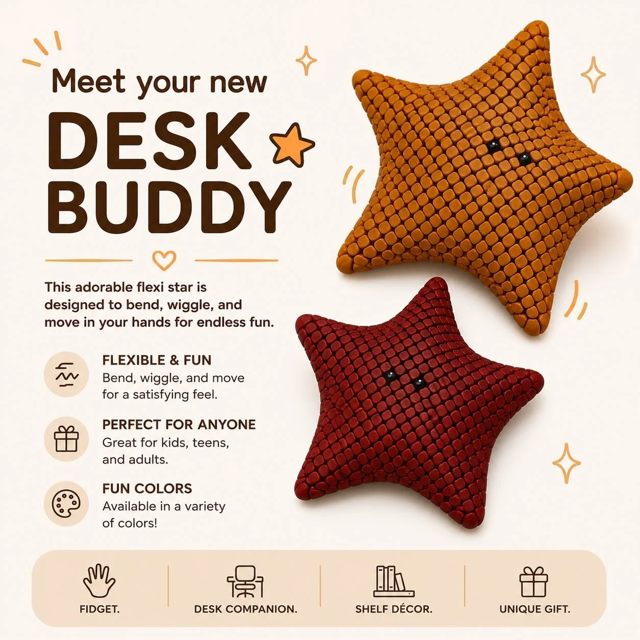 ⭐ Tiny star. Big personality.🌟

✨ Fidget-friendly
🎨 Available in fun colors
🖥️ Perfect for desks, shelves, and as gifts 

Once you pick one up&hellip; it&rsquo;s hard to put down .👆

Newmarket
🛒@shopmakers_uppercanadamall 
London
🛒@thelocalgift