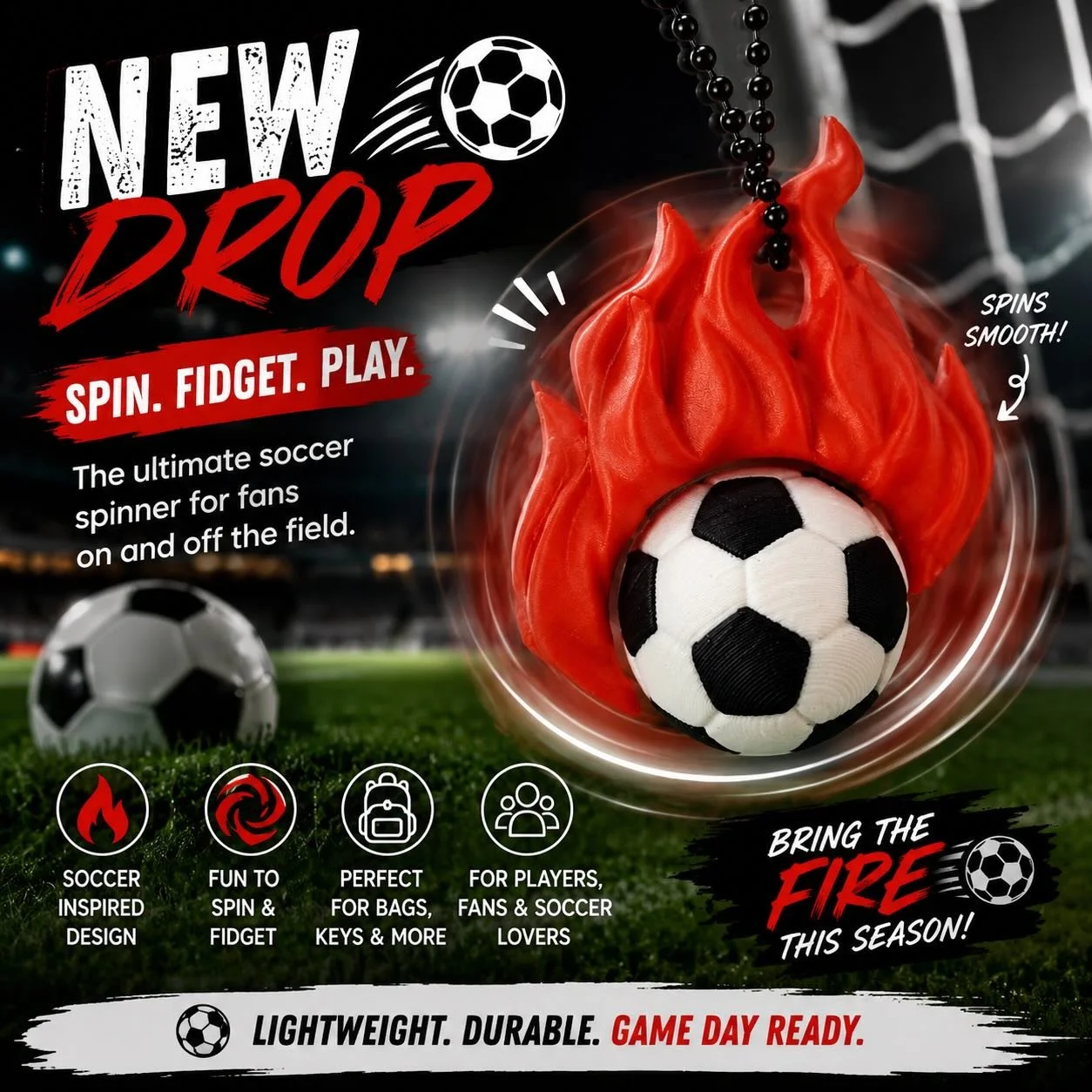 ⚽🔥 SPIN INTO GAME DAY 🔥⚽

Our fiery soccer spinner is here!
Perfect for bags, keys, backpacks &amp; sideline vibes. 🌪️⚽

✨ Spins smoothly
✨ Fun to fidget
✨ Soccer fan must-have

Bring the fire this season 🔥

Newmarket
🛒@shopmakers_uppercanadamal