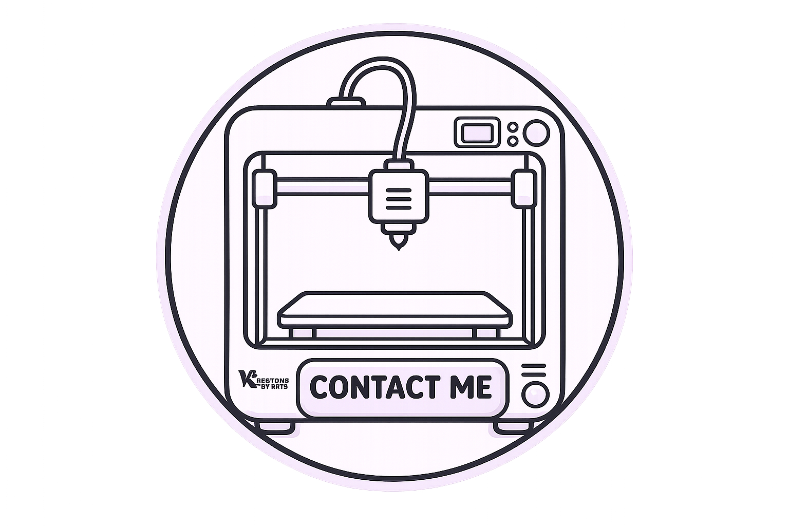 A line drawing of a 3D printer with a 'Contact Me' button below it, enclosed in a circle.