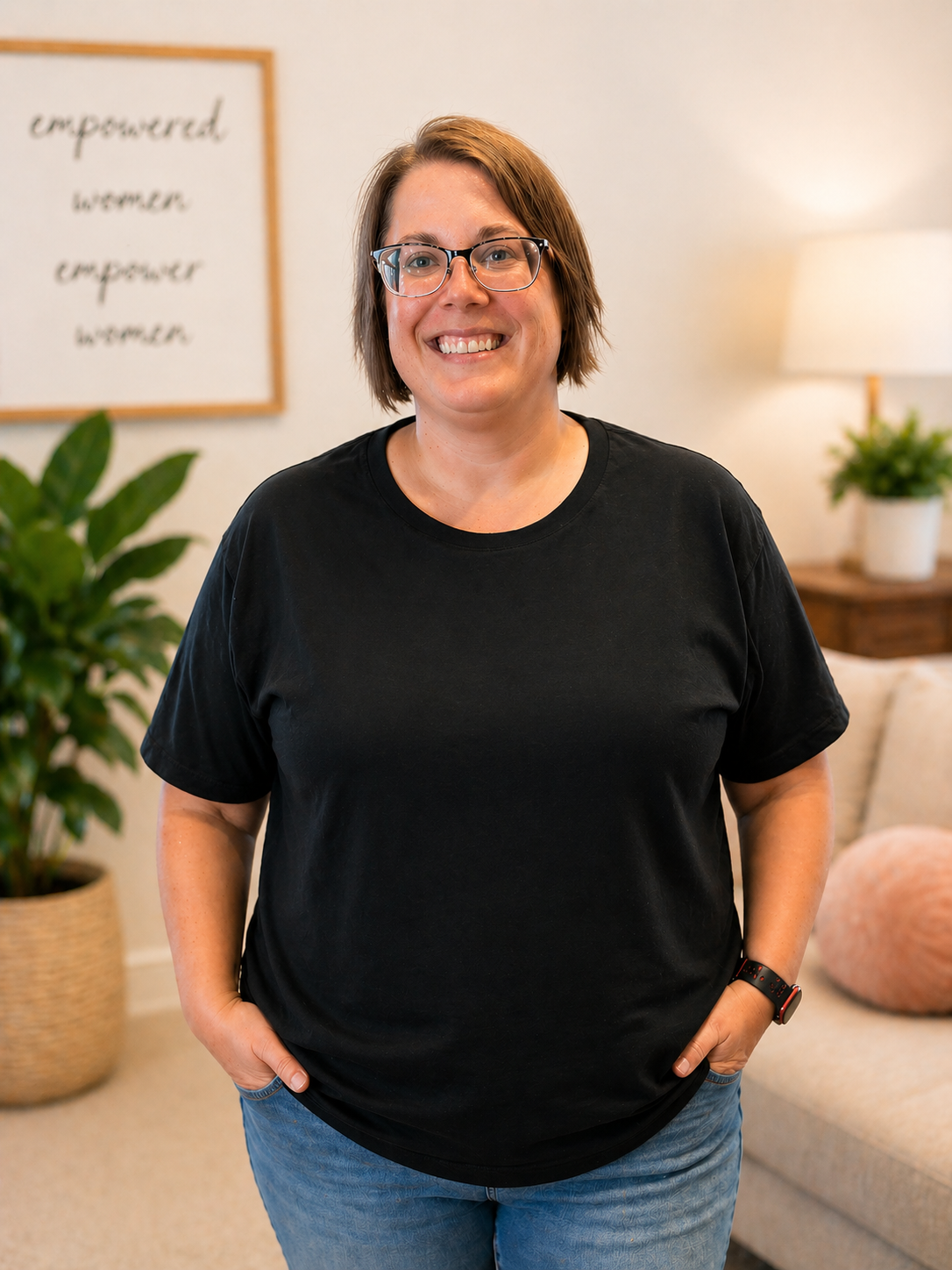 A smiling woman with short brown hair, glasses, and a black t-shirt standing indoors with a potted plant and framed quote in the background.