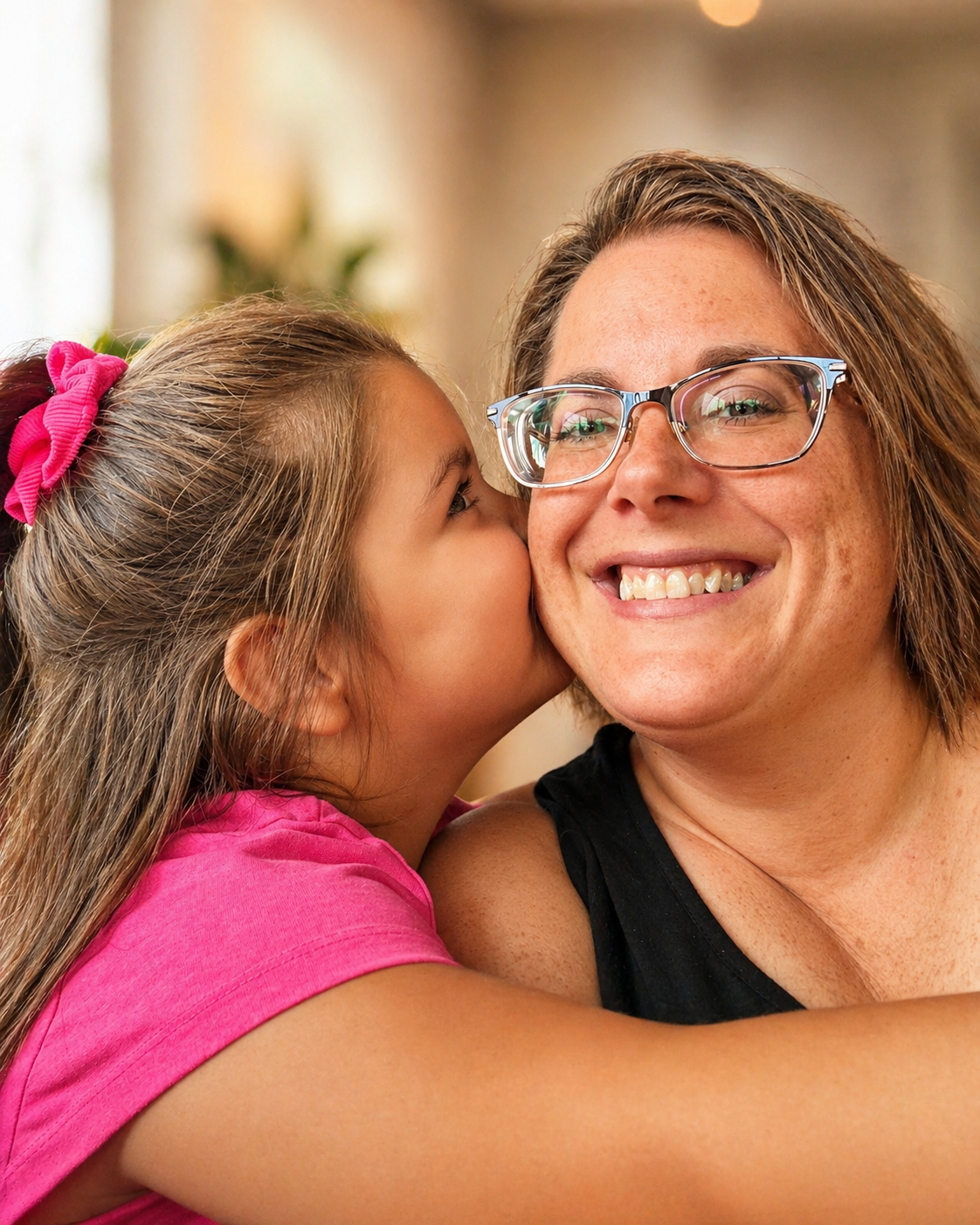 A young girl giving a kiss on the cheek to an adult woman with glasses, both smiling warmly.