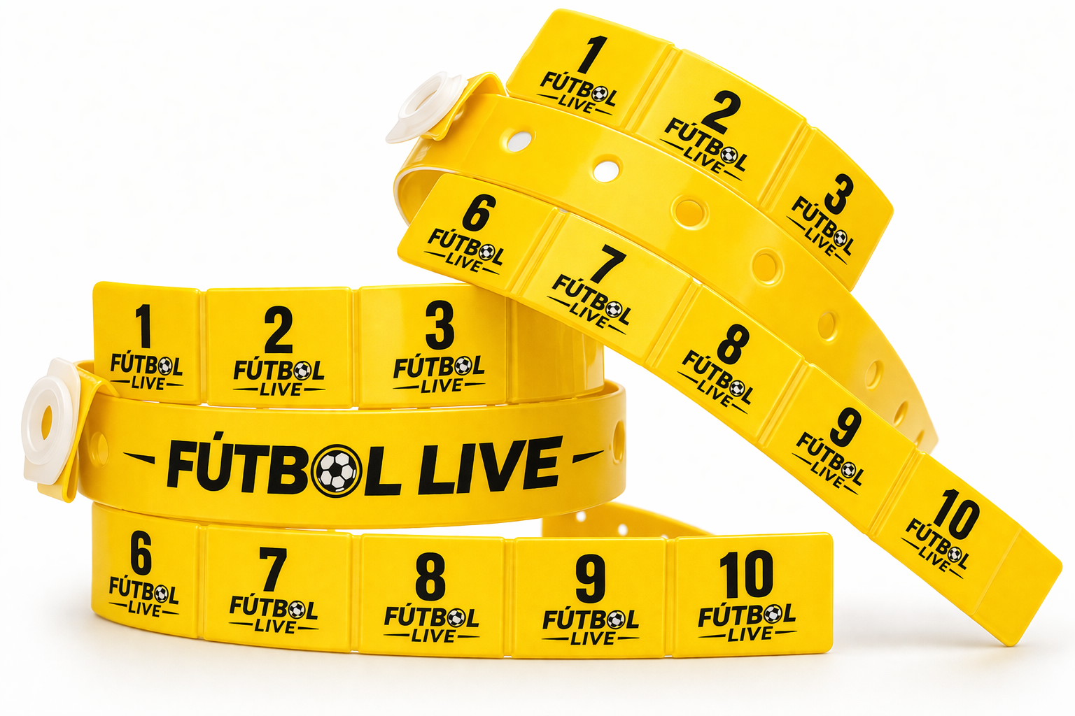 A yellow game piece with a black logo reading 'FÚTBOL LIVE' and the image of a soccer ball in the center, with numbered matching tiles from 1 to 10, designed for a football-themed game.