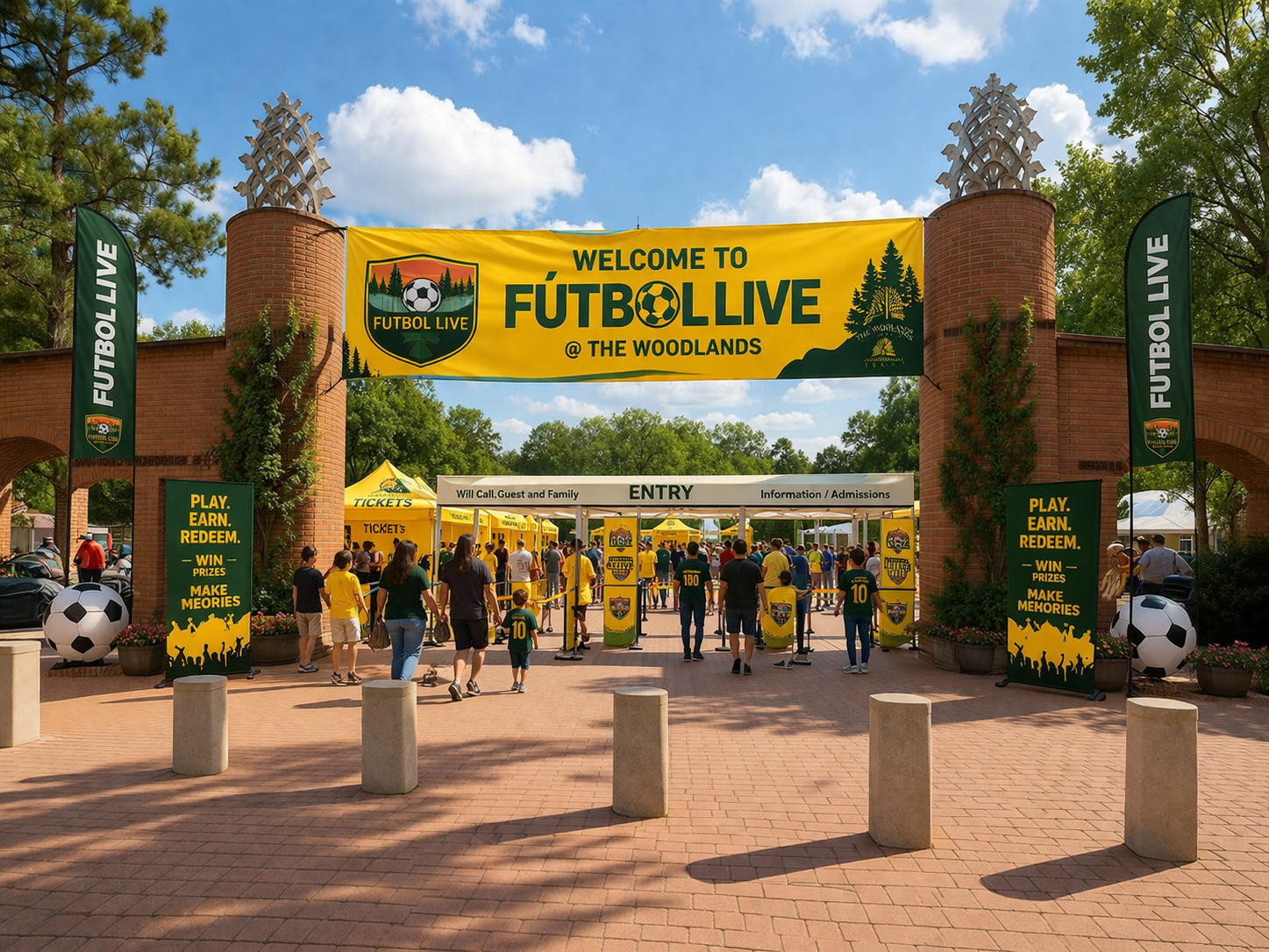 People entering an outdoor event called Futbolive at the Woodlands, with yellow banners, ticket booths, and soccer-themed decorations including large soccer balls.