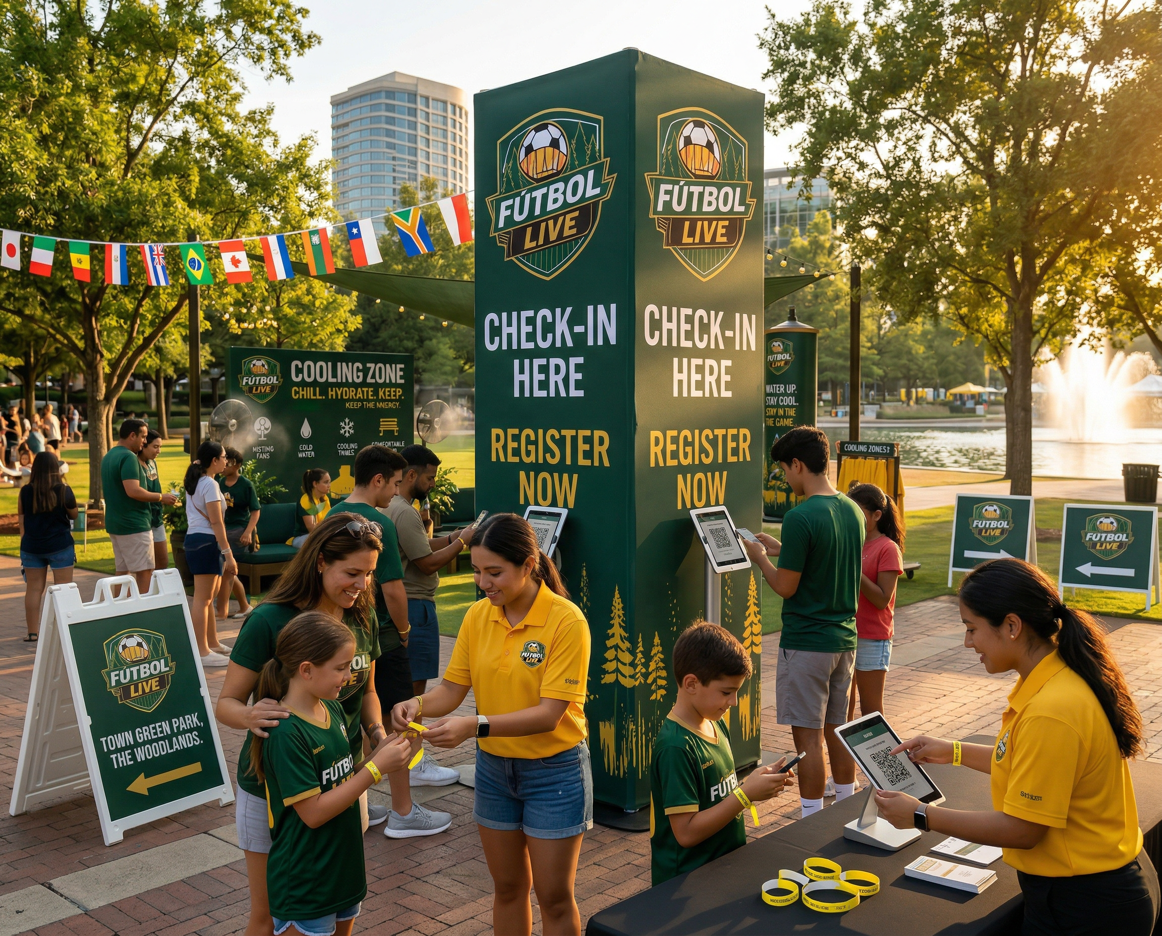 People participating in an outdoor soccer event in a park with trees, banners, and check-in stations. Participants are using tablets, and event staff are assisting. The area has flags of different countries hanging above and promotional signs.