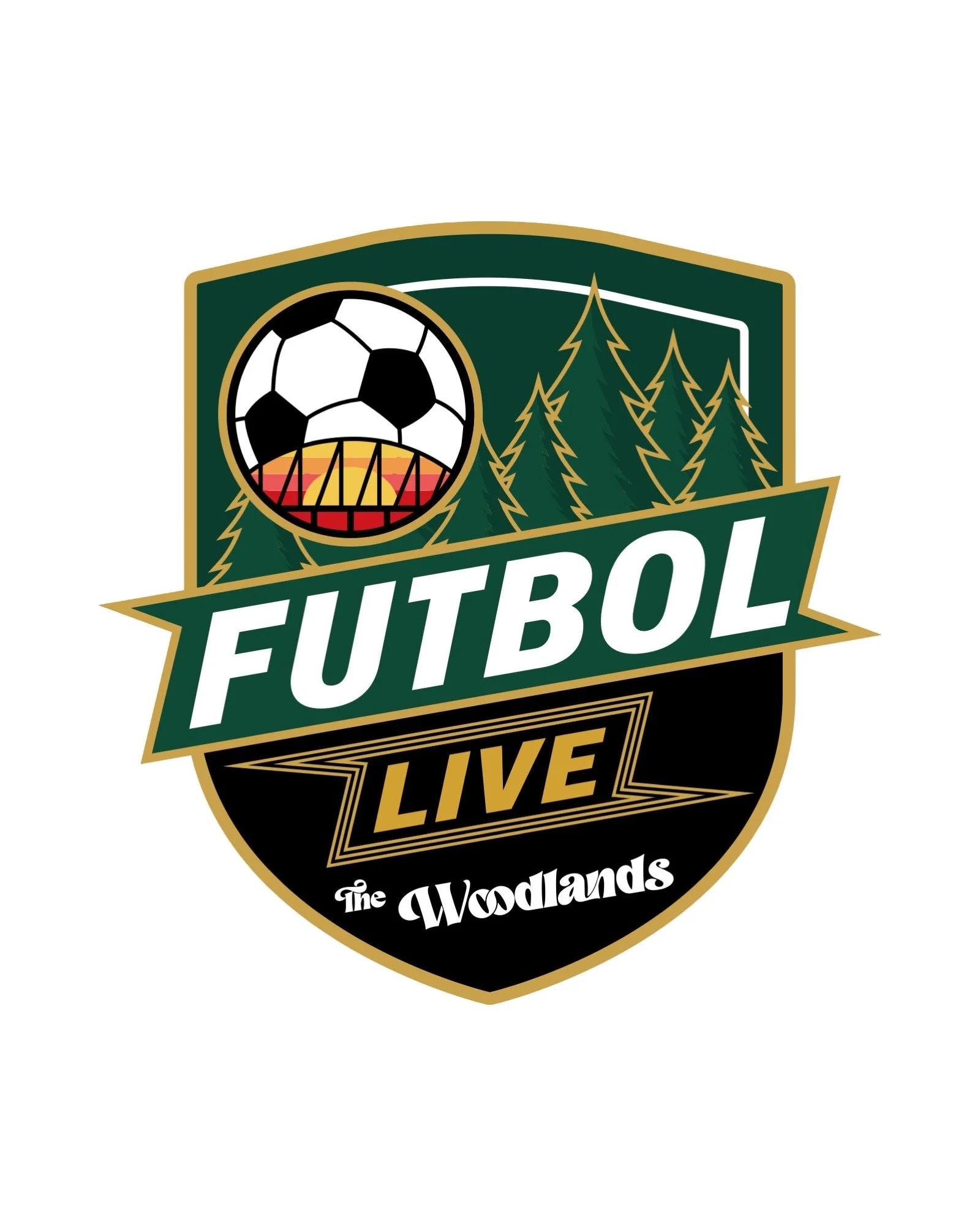 A logo with a shield shape featuring a soccer ball, pine trees, and text saying "Futbol Live" and "The Woodlands."