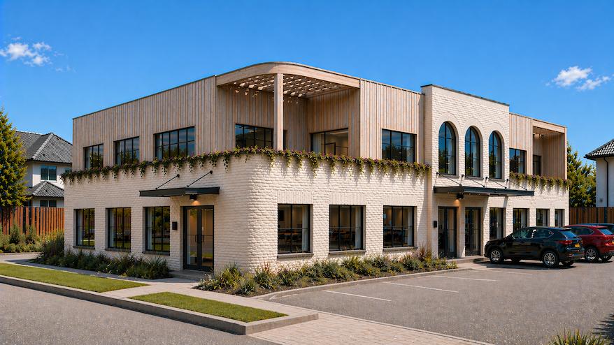 Modern two-story building with white brick and wooden exterior, large windows, and a parking lot in front, under a blue sky.