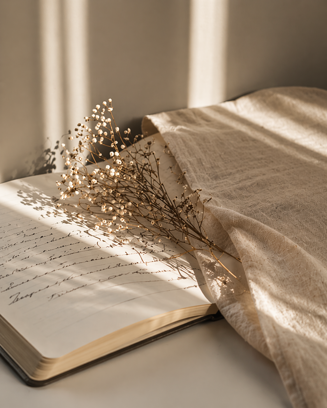 An open notebook with handwritten text, a dry branch with small white flowers resting on it, and a light fabric partially covering the book, with soft natural sunlight casting shadows.