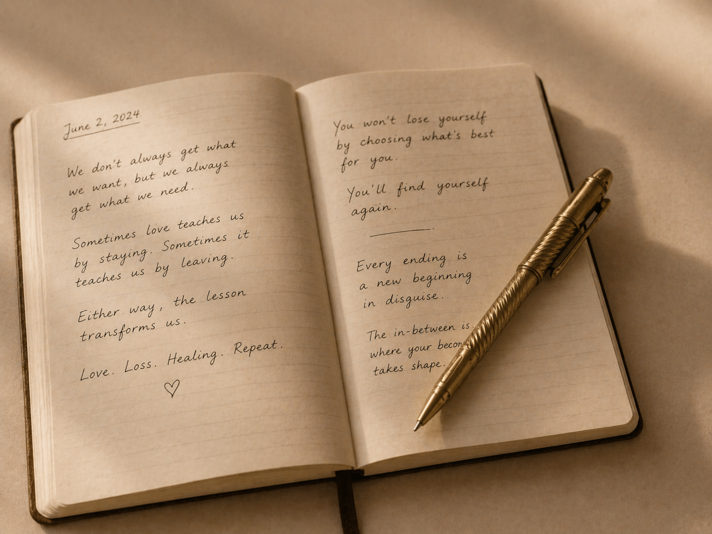 An open notebook with handwritten motivational quotes, a gold pen resting on the right page, on a beige surface.