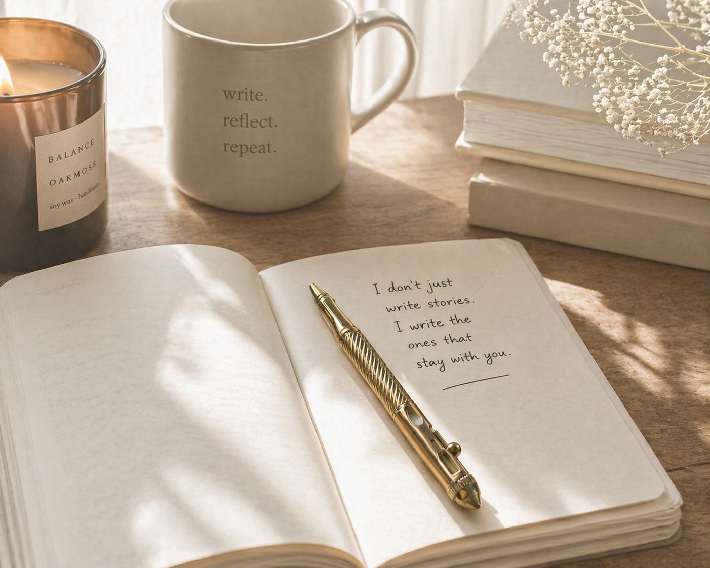 Open journal with a handwritten note that says, "I don't just write stories. I write the ones that stay with you." A gold pen rests on the journal. In the background, there are books, a white mug with writing, a lit candle, and white flowers on a wooden table.