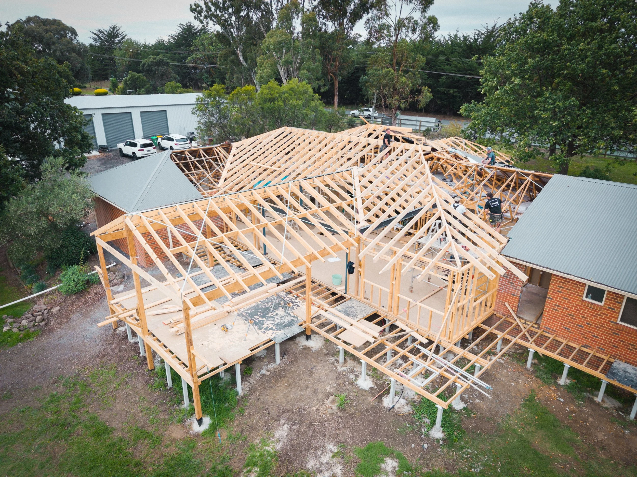 Aerial view of a house under construction in Yarra Valley by Leisure Built